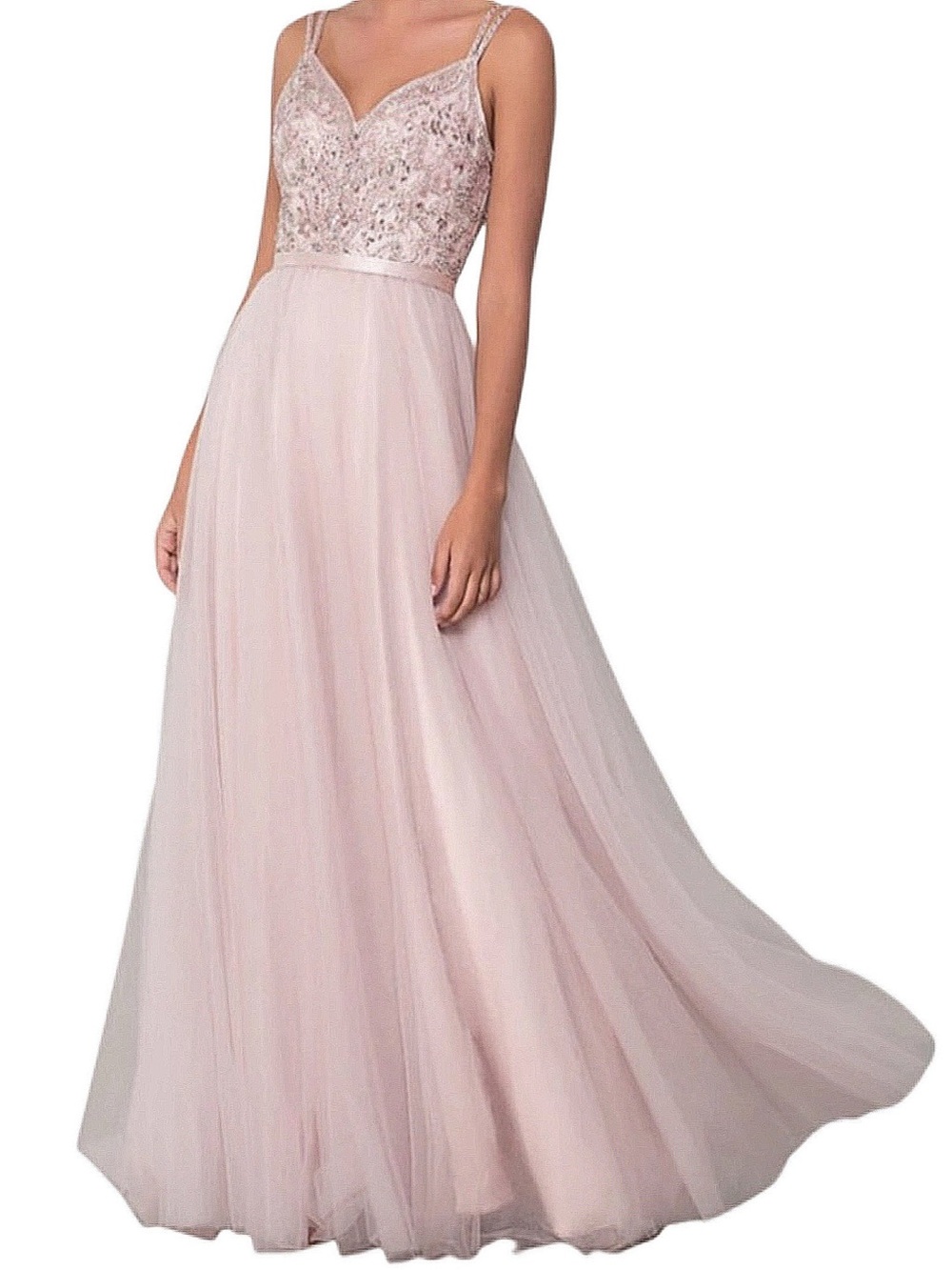DANCING QUEEN Pink Long V-Neck Tulle Dress With Rhinestones Medium
